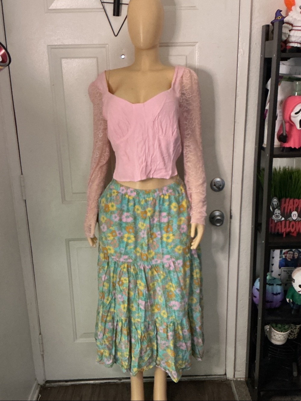 wild fable Pink Lace Sleeve Crop Top with Pastel Floral Maxi Skirt